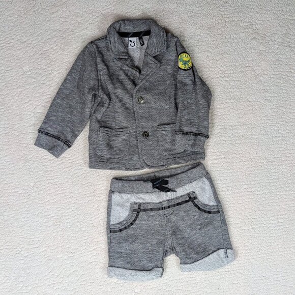 3Pomme Infant 6/9 Month Black/White Marl Blazer w/Shorts Knit w/Dinosaur Patch - Picture 1 of 8